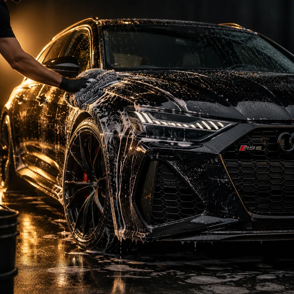 Lavage à la main d'une Audi RS6 2025 noire, mousse et reflets dorés sur la carrosserie